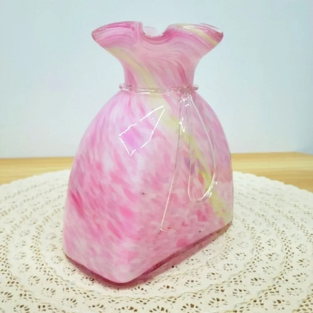 Vintage Murano Style Pink Cased Art Glass Tied Gift Bag Swirl Vase